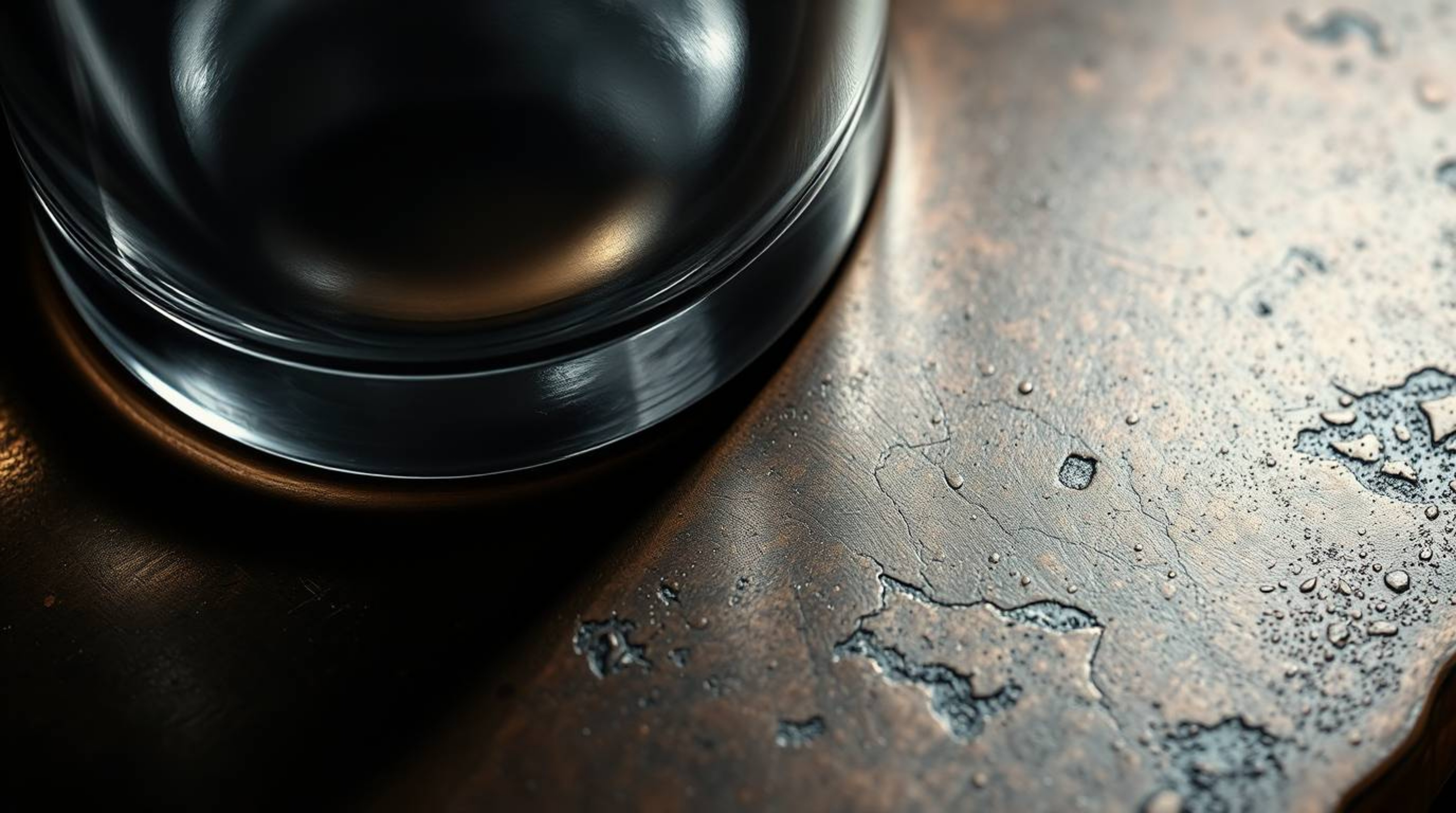 A captivating close-up showcasing a glass object's intricate detail as it reflects smooth gradient textures onto a cast bronz