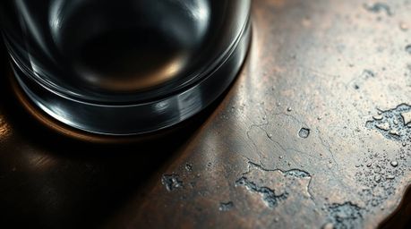 A captivating close-up showcasing a glass object's intricate detail as it reflects smooth gradient textures onto a cast bronz