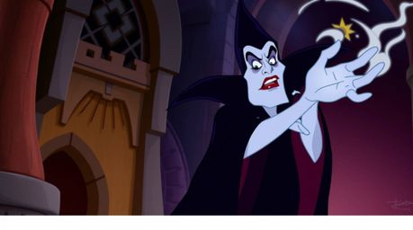 A captivating image of a classic Disney villain, with dark eyes and pale skin, casting a spell within a contrasting color pal