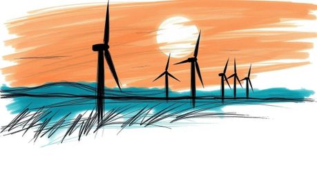A captivating hand-drawn sketch in deep teal portrays wind turbines silhouetted against a vibrant sunset.  The rough pencil s