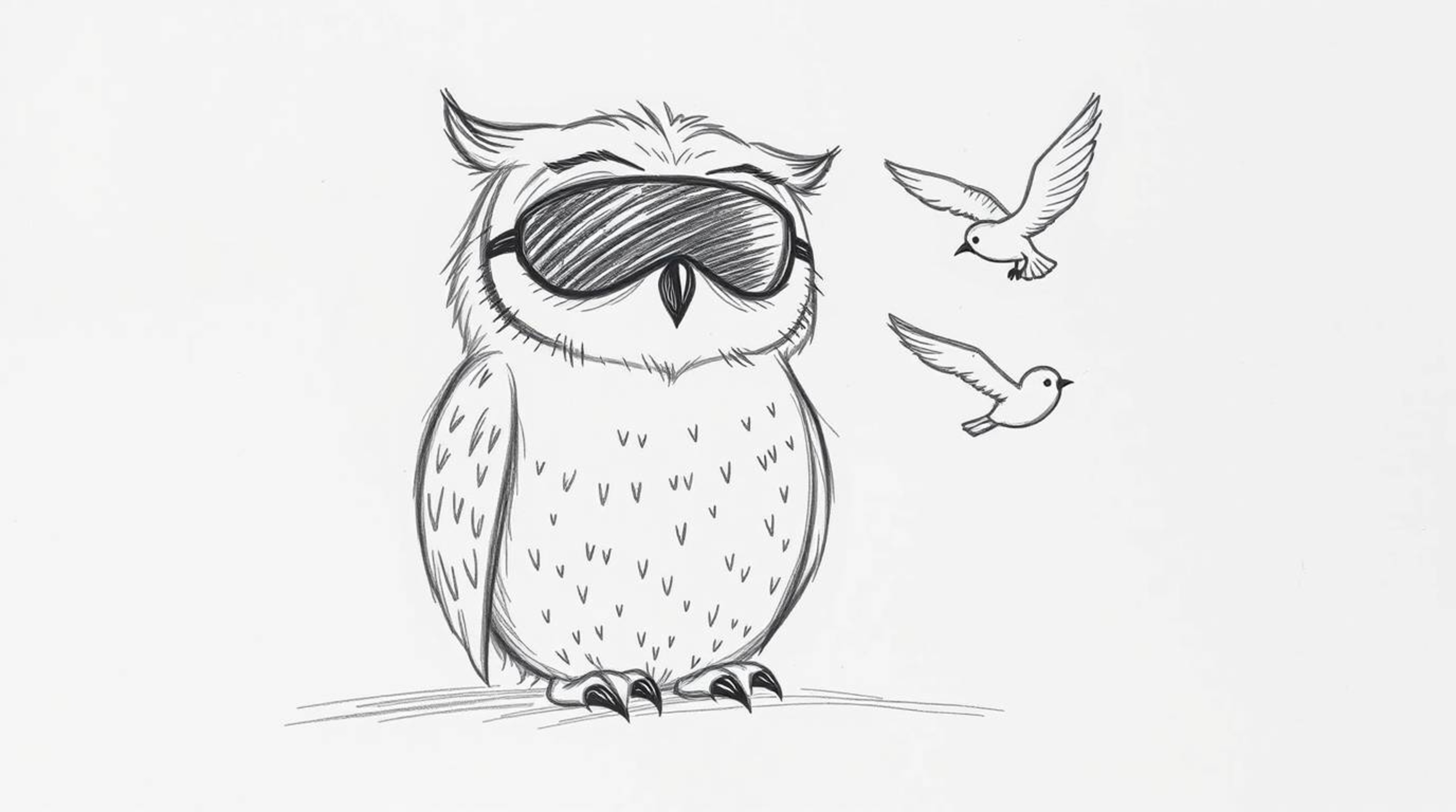 A heartwarming hand-drawn sketch in the style of Pixar depicts a gentle, blind owl patiently teaching young birds how to fly.