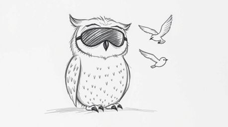A heartwarming hand-drawn sketch in the style of Pixar depicts a gentle, blind owl patiently teaching young birds how to fly.
