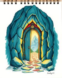 This captivating illustration features an ancient doorway embedded in a mountainside, radiating a mystical glow from intricat