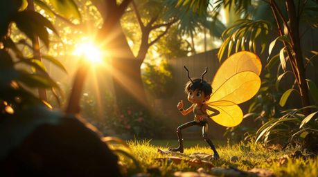 Embark on a whimsical journey with a bug-sized hero as they navigate a lush backyard jungle bathed in a warm, golden glow. Th