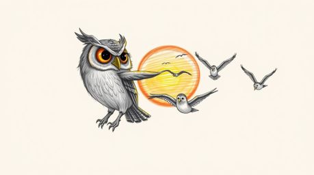 A charming hand-drawn sketch depicts a wise-looking blind owl, reminiscent of Pixar animation, leading a classroom of birds i