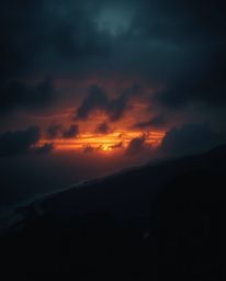 This artwork depicts a sunset sky over a winding coastal highway, imbued with an eerie and creepy atmosphere. Using a muted c