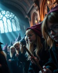 A captivating close-up shot unveils a magical school brimming with young wizards, showcasing a mesmerizing smooth gradient tr
