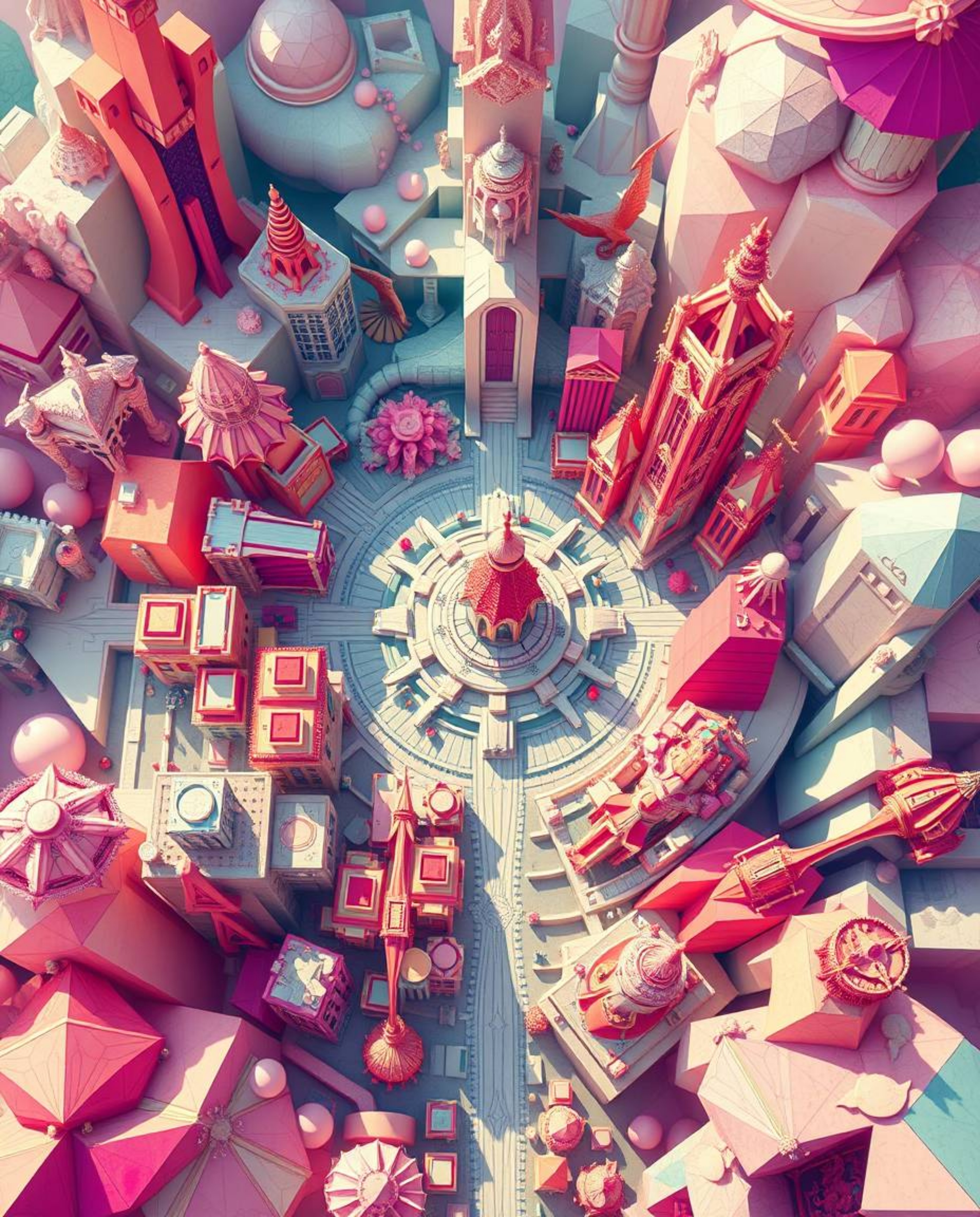 A dreamlike, surreal image depicts an abstract city map composed of vibrant, geometric shapes. Viewed from a top-down perspec