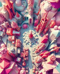A dreamlike, surreal image depicts an abstract city map composed of vibrant, geometric shapes. Viewed from a top-down perspec