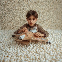 A captivating high-fashion photograph depicts a young boy with striking features building an intricately designed cardboard s