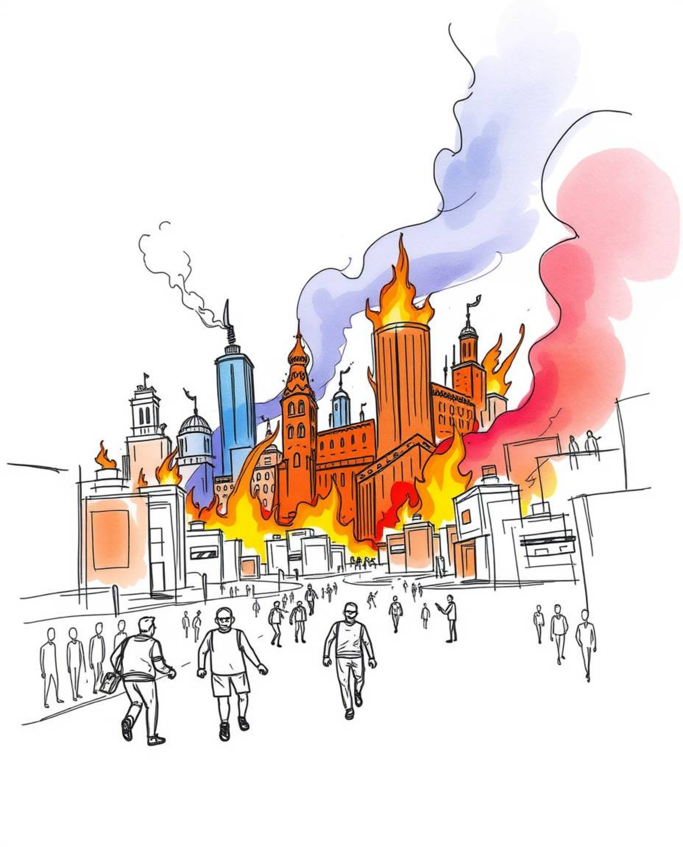 A vivid hand-drawn sketchnote depicting a city engulfed in flames, capturing the chaos and panic as people run in all directi