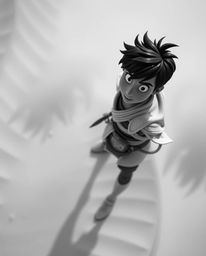 A timeless and elegant black and white image depicts a brave Disney-style hero embarking on a desert adventure.  Shot from a 