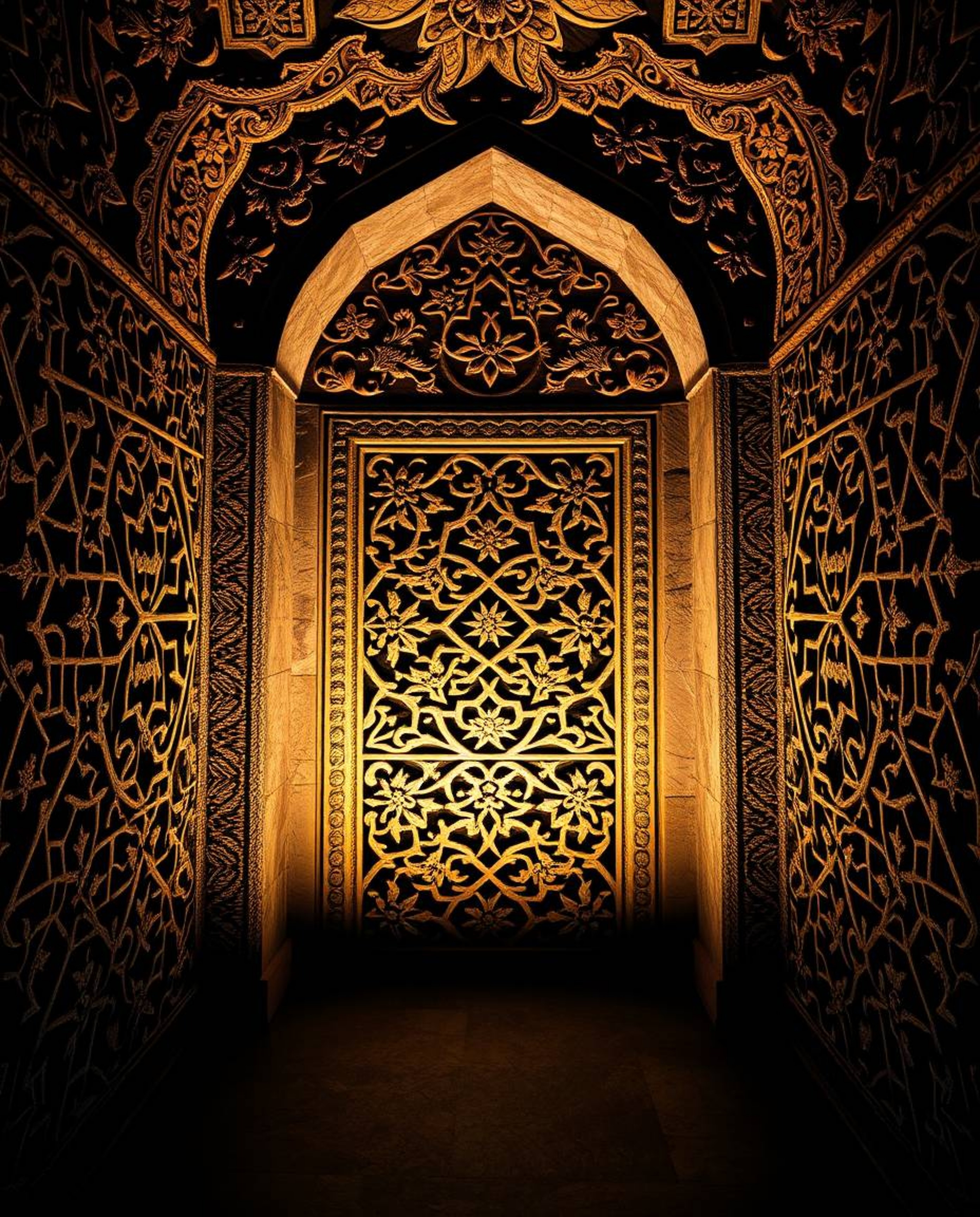 Explore the mesmerizing beauty of intricately carved Islamic geometric stone patterns, captured with high contrast, low-key l