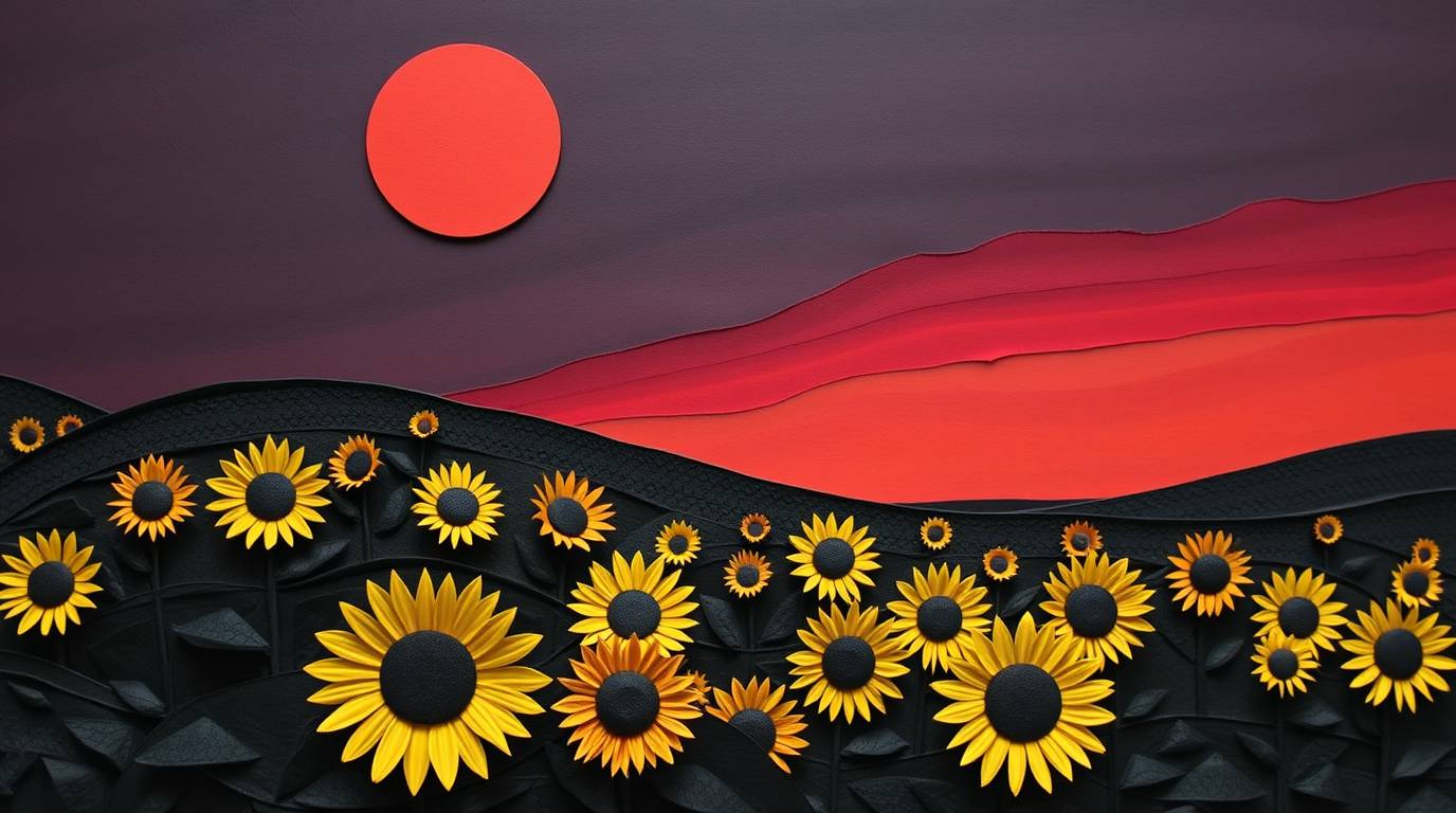 This artwork features a layered papier-mâché sculpture depicting a sunflower field beneath a dramatically deep red and purple