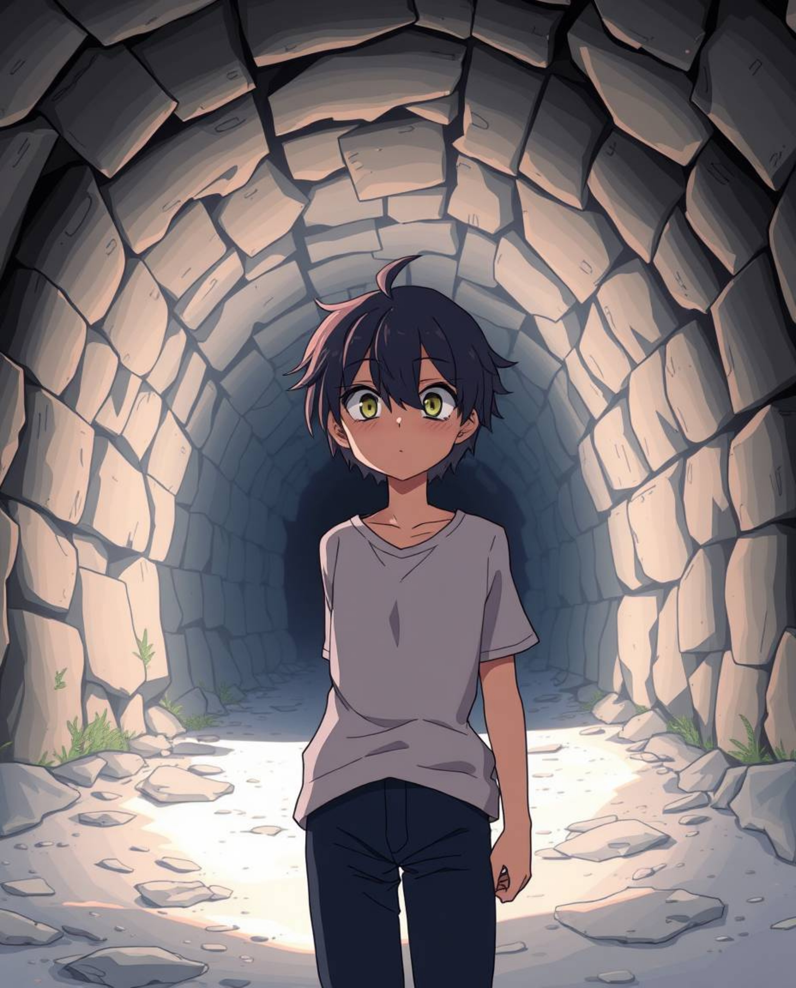 An captivating anime-style illustration showcases a character with expressive features standing at a tunnel's edge, gazing to