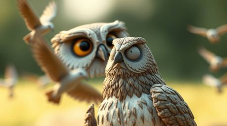 A visually striking image of a blind owl, sculpted from clay in a Pixar-inspired style, captures the essence of inner vision 