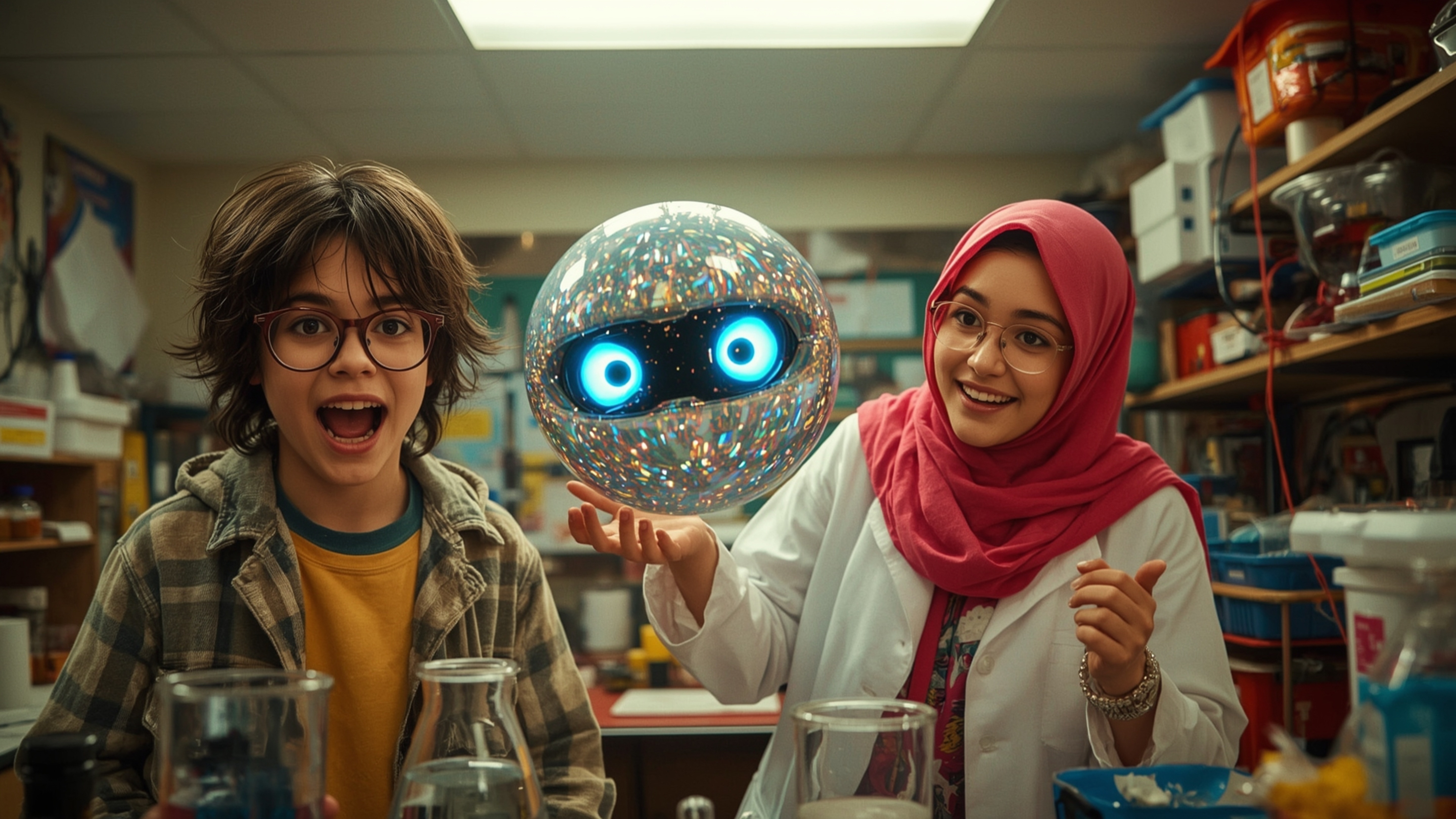 In a vibrantly colored, high-contrast cinematic photograph styled after Pixar, two diverse and expressive science fair partic