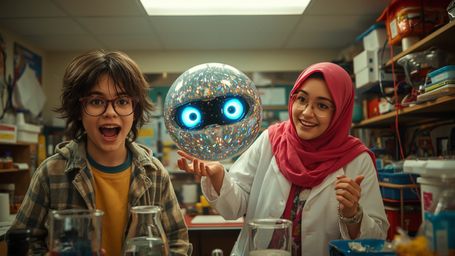 In a vibrantly colored, high-contrast cinematic photograph styled after Pixar, two diverse and expressive science fair partic