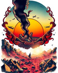 A captivating traditional tattoo art print depicts a low-angle view of a sunrise over a war-torn landscape.  Volumetric light