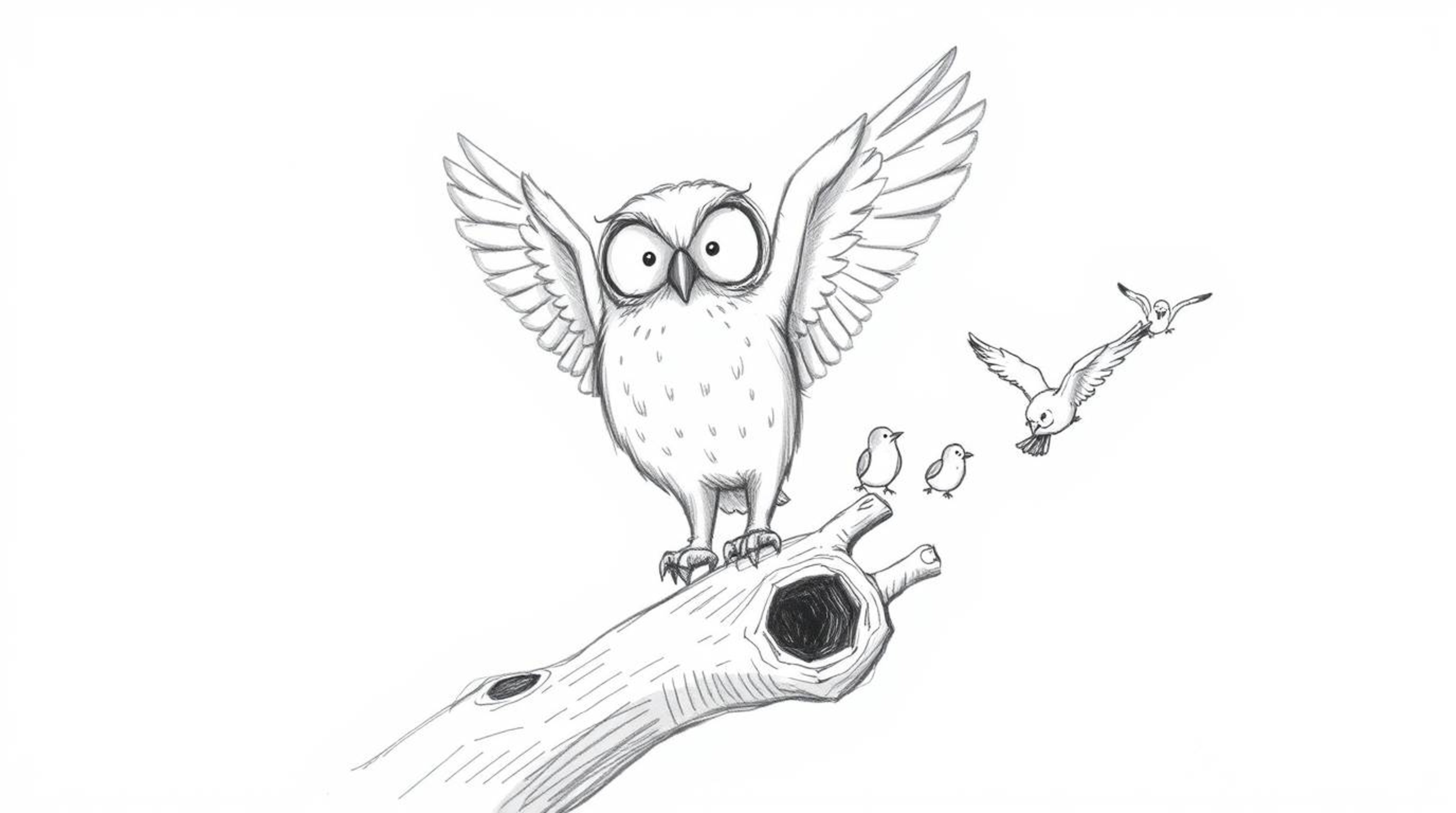 A charming hand-drawn sketch in the style of Pixar features a blind owl, rendered with soft, feathery texture, guiding a floc