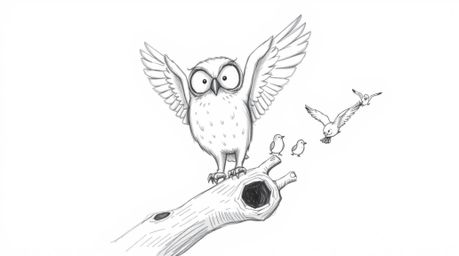 A charming hand-drawn sketch in the style of Pixar features a blind owl, rendered with soft, feathery texture, guiding a floc
