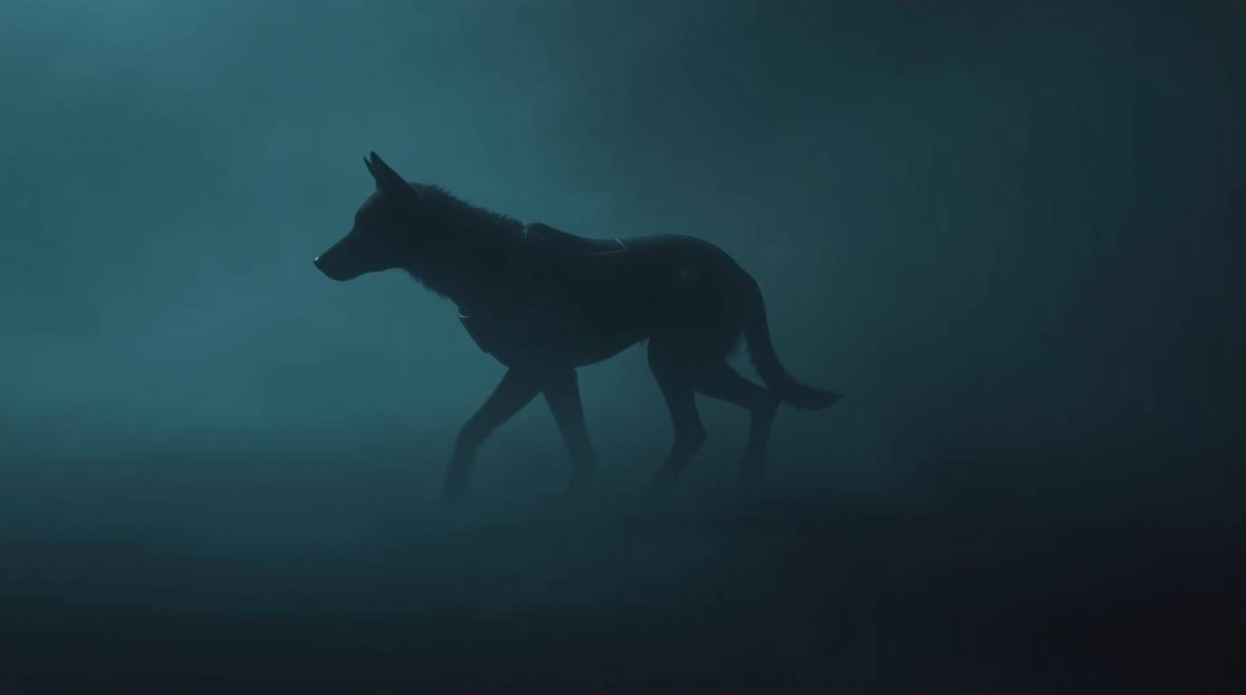 A jet-black, futuristic dog autonomously navigates a space scene enveloped in thick, dark fog.  Deep shadows and low visibili