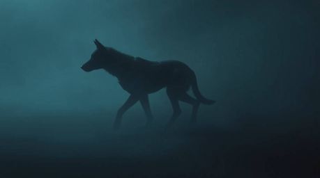A jet-black, futuristic dog autonomously navigates a space scene enveloped in thick, dark fog.  Deep shadows and low visibili