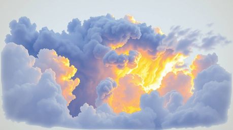 This vibrant color sketchnote depicts a dramatic low-angle view of hand-drawn thunderstorm clouds, brilliantly illuminated by