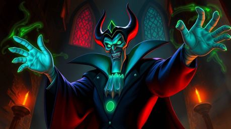 A captivating digital painting showcases a classic Disney villain with glowing bioluminescent features, conjuring a spell wit