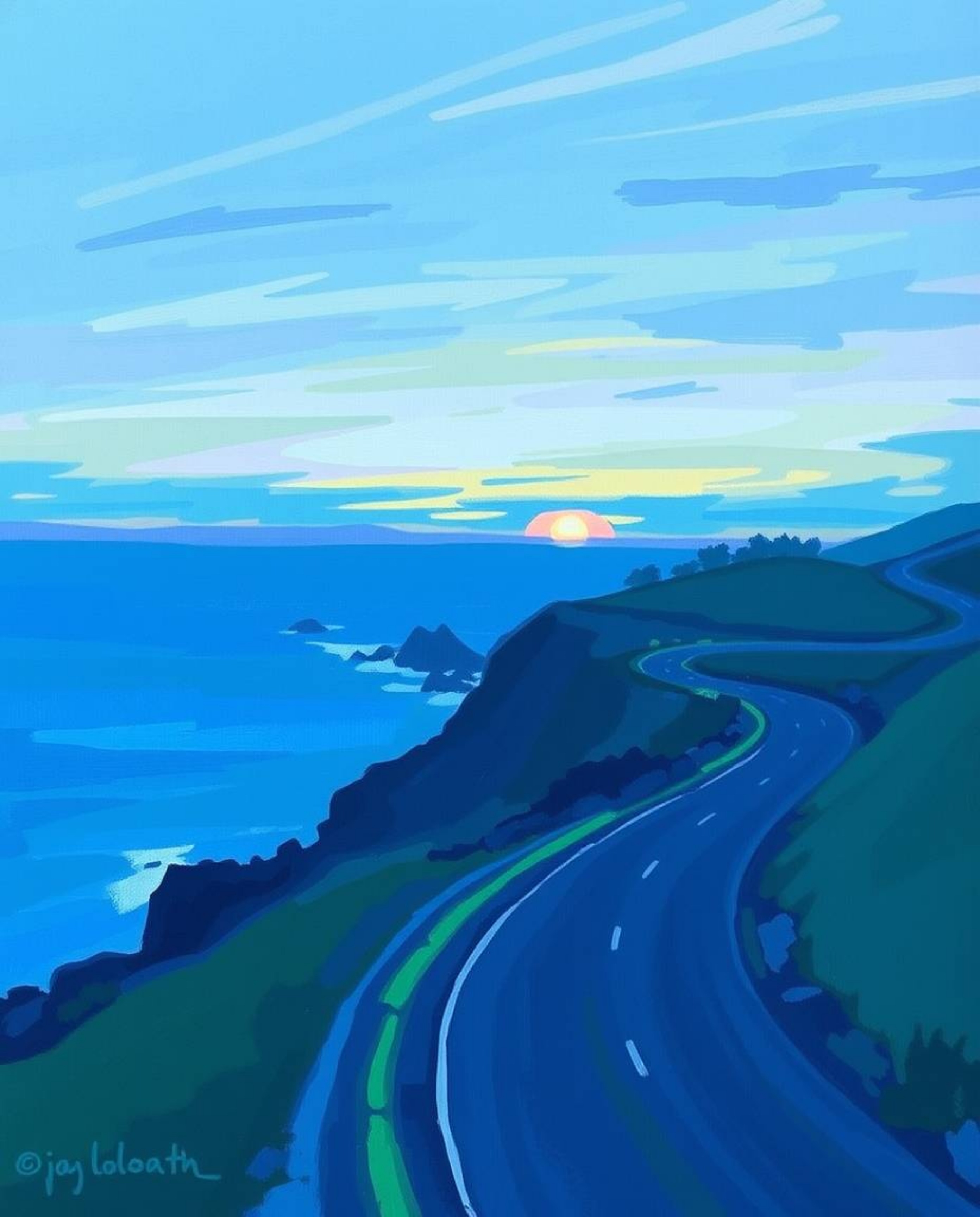 This is an Impressionistic painting of a sunset sky over a winding coastal highway, rendered in a cool color palette. The sce