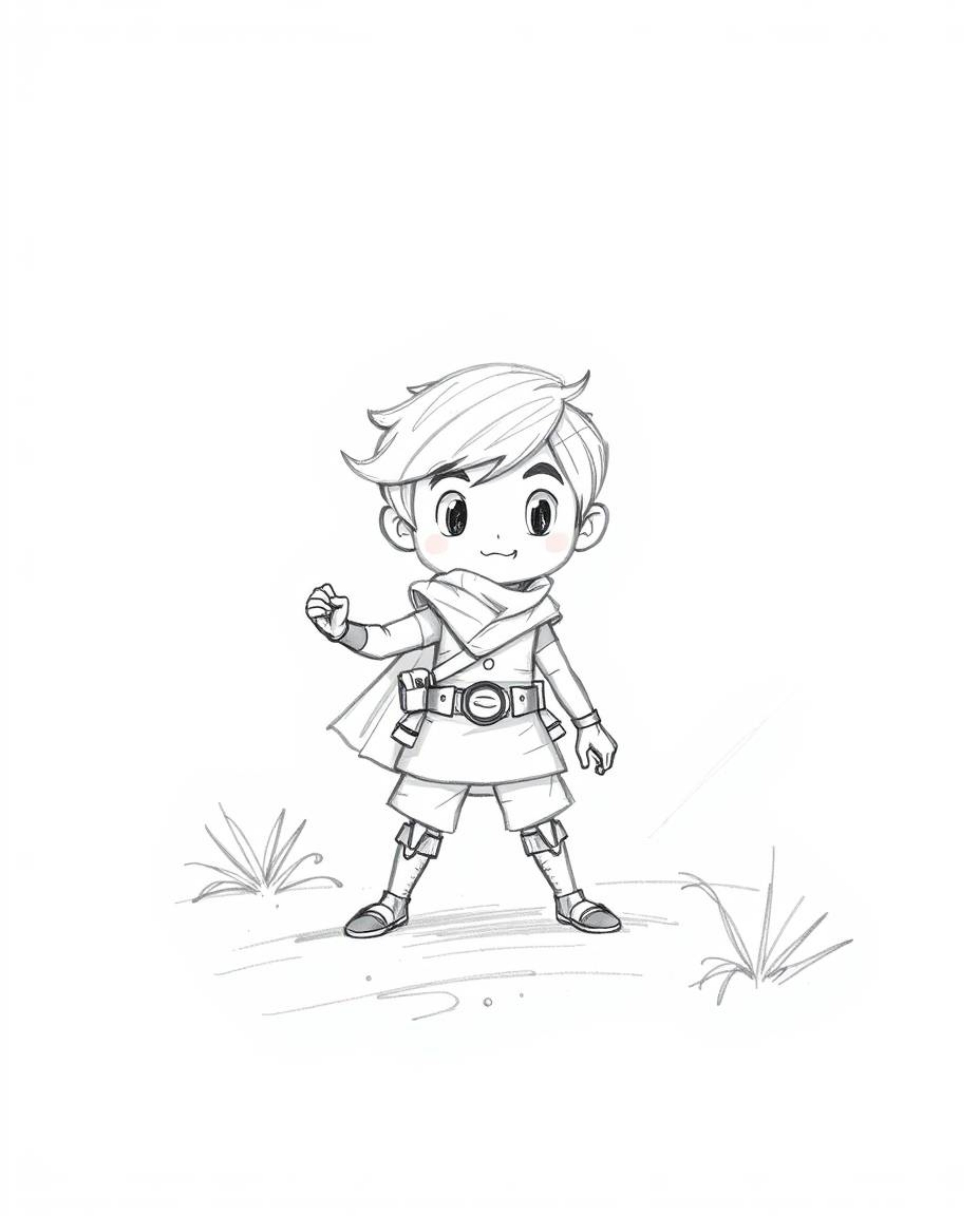 Explore a charming desert adventure with this hand-drawn sketch of a brave, cute hero in a Disney style. The artwork features