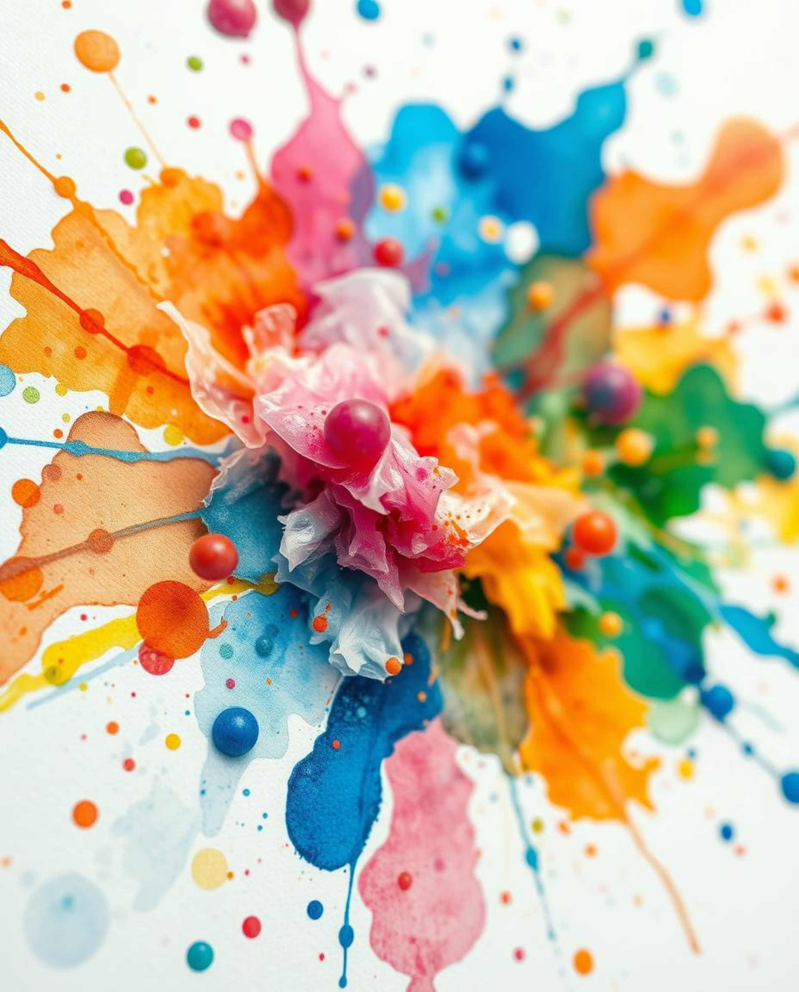 Explore the beauty of delicate watercolor with this vibrant explosion of colorful paint splashes on a white canvas.  This ext