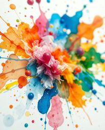 Explore the beauty of delicate watercolor with this vibrant explosion of colorful paint splashes on a white canvas.  This ext