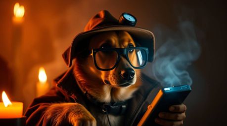 Imagine a canine Sherlock Holmes, a dog detective utilizing an array of high-tech gadgets to solve mysteries. The scene is il