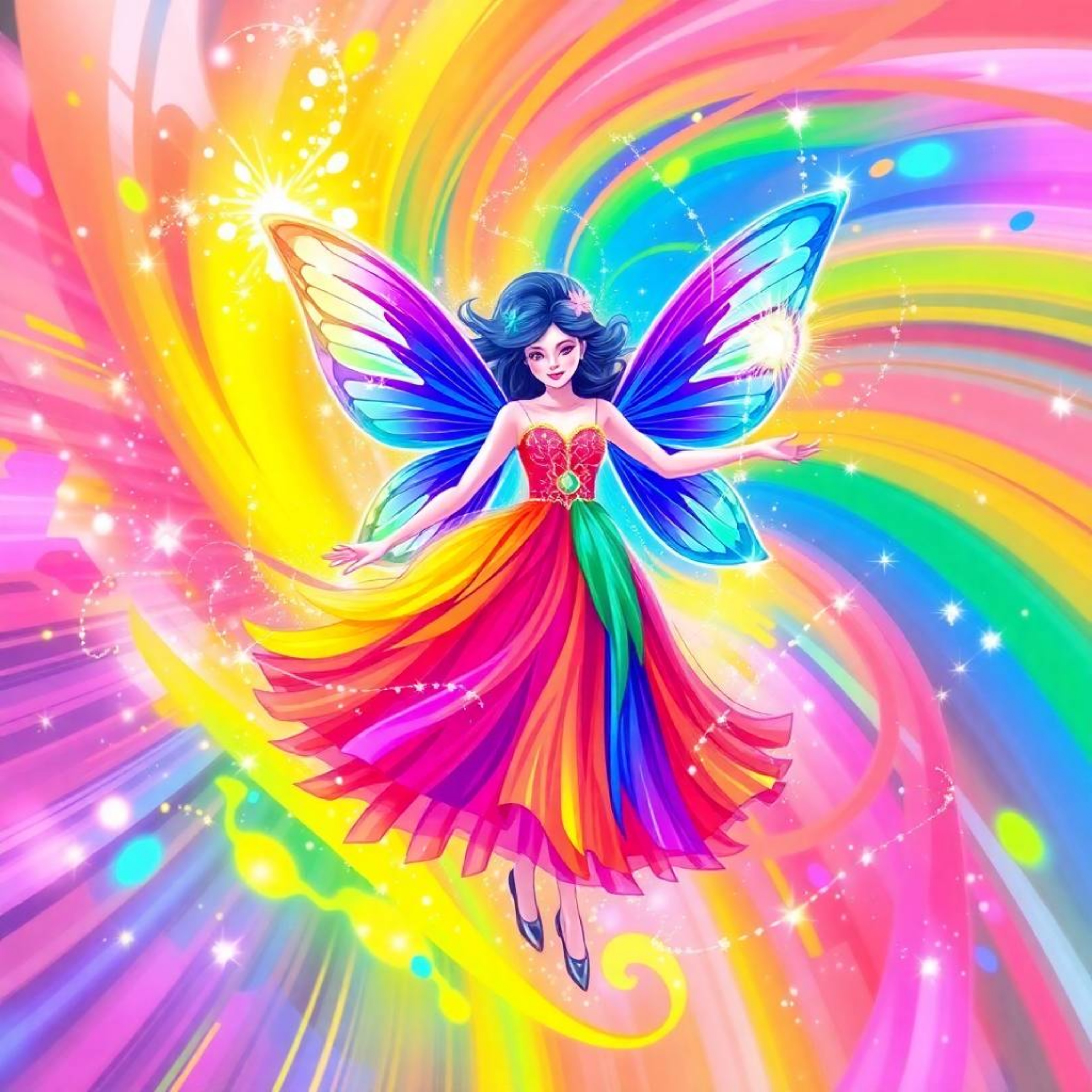 Witness a fairy godmother's enchanting arrival! This vibrant scene features a lively, energetic sparkle swirl in bright colo