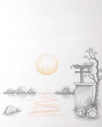 Discover a serene Zen garden at sunset, beautifully captured in a hand-drawn sketch. This artwork features gentle soft light 
