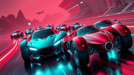 Experience a wacky and exhilarating futuristic racing scene featuring outlandish cars rendered in rich burgundy and deep blue