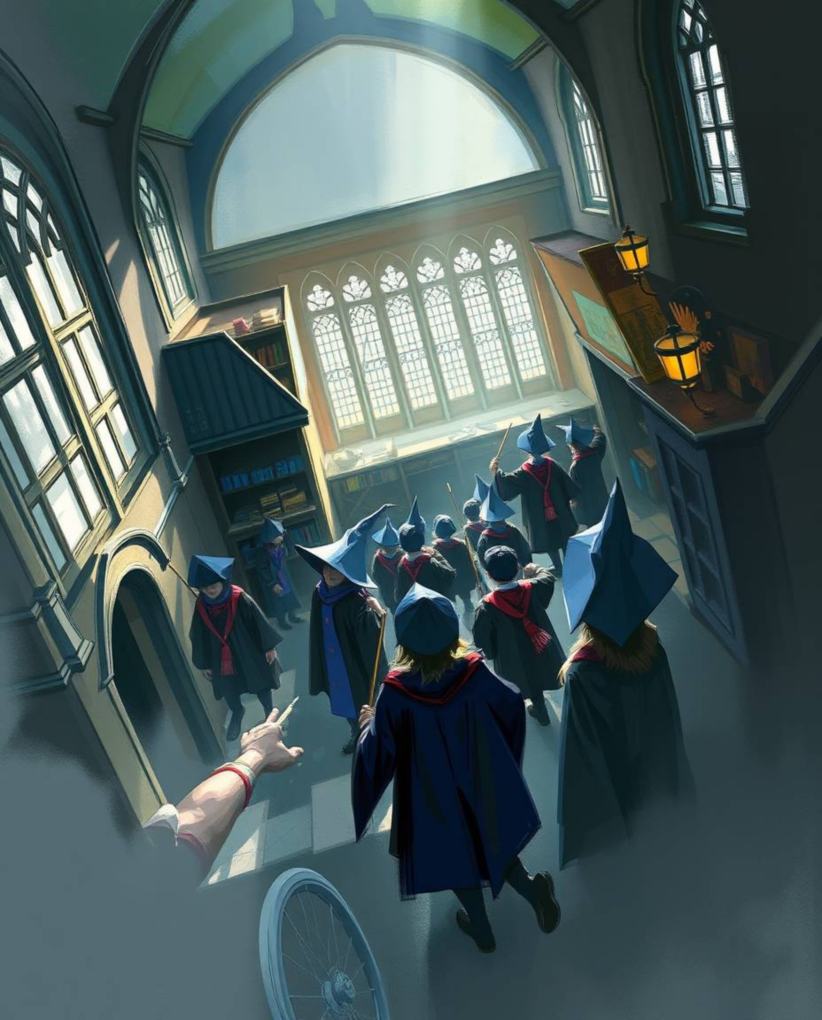 Explore a captivating digital sketch from a high-angle perspective, showcasing a magical school teeming with young wizards. R