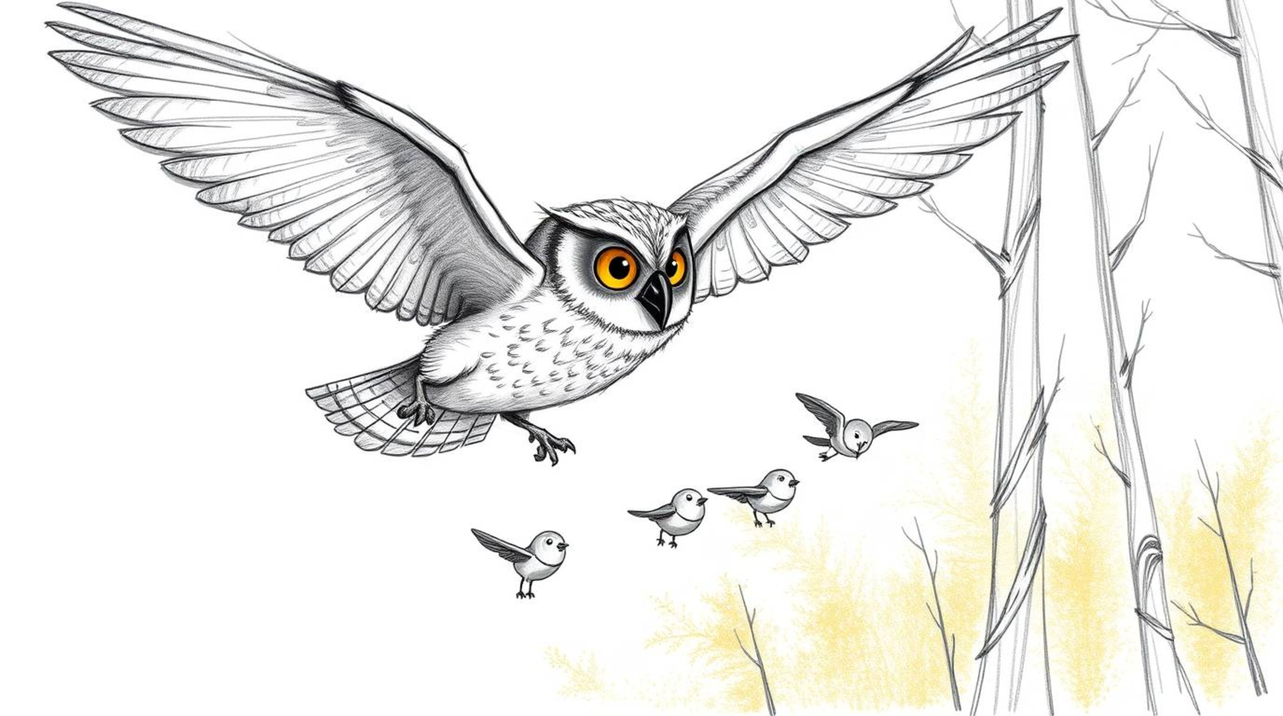A heartwarming Pixar-style hand-drawn sketch depicts a blind owl, its feathers meticulously detailed with textured pencil str