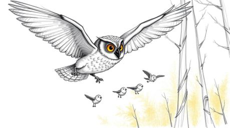 A heartwarming Pixar-style hand-drawn sketch depicts a blind owl, its feathers meticulously detailed with textured pencil str
