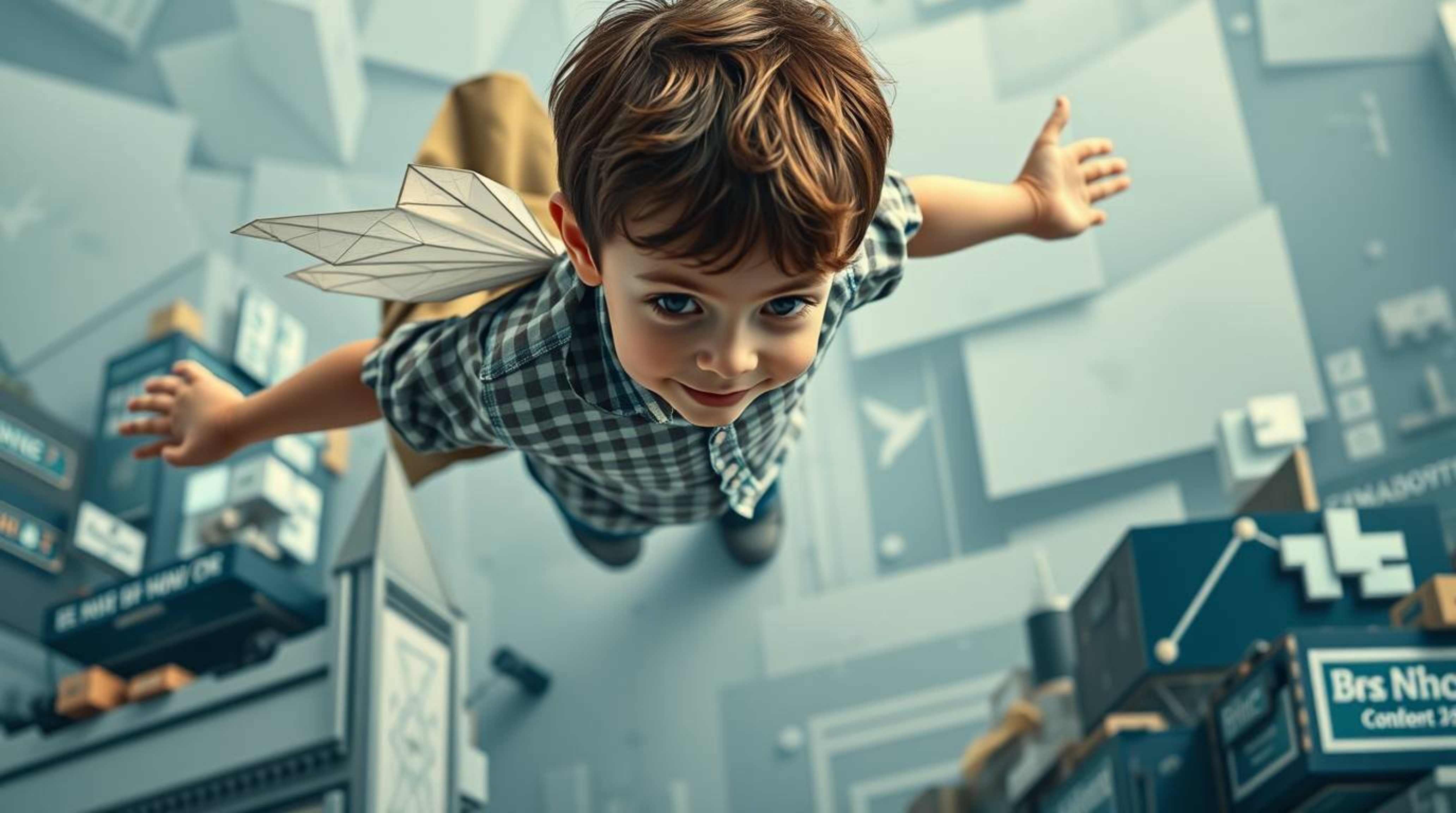 A captivating overhead shot depicts a young boy, seemingly suspended in mid-air above the London skyline, surrounded by whims