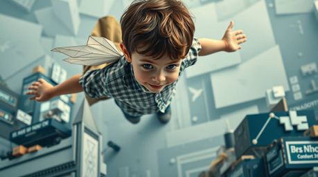 A captivating overhead shot depicts a young boy, seemingly suspended in mid-air above the London skyline, surrounded by whims
