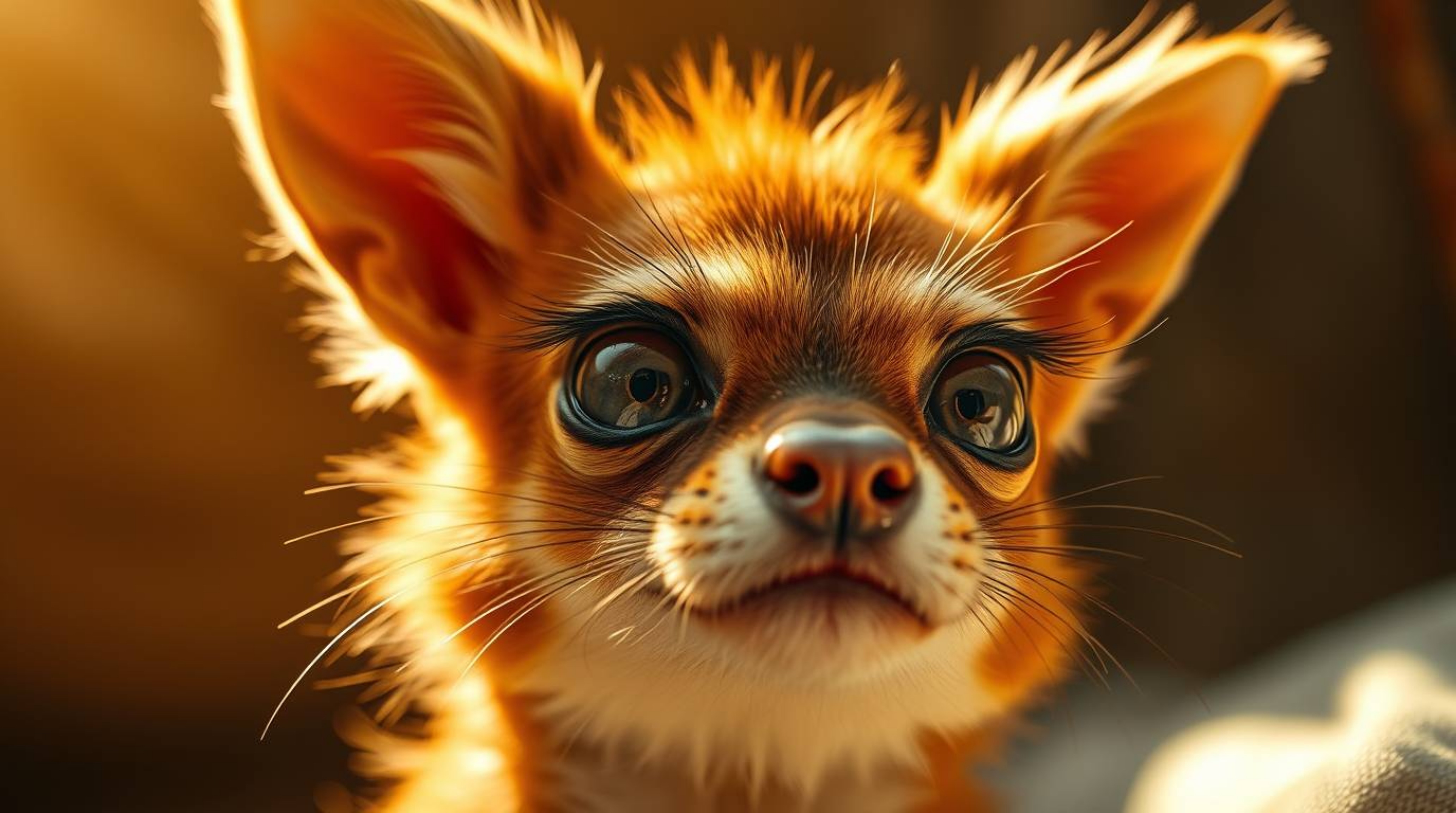 A captivating scene featuring a sarcastic animal sidekick with intensely expressive eyes, bathed in a warm, golden glow. The 