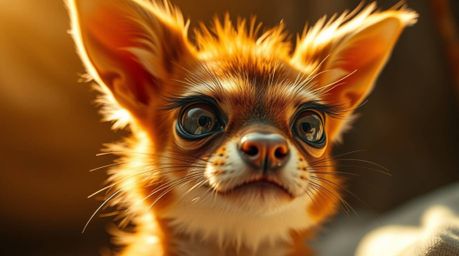 A captivating scene featuring a sarcastic animal sidekick with intensely expressive eyes, bathed in a warm, golden glow. The 