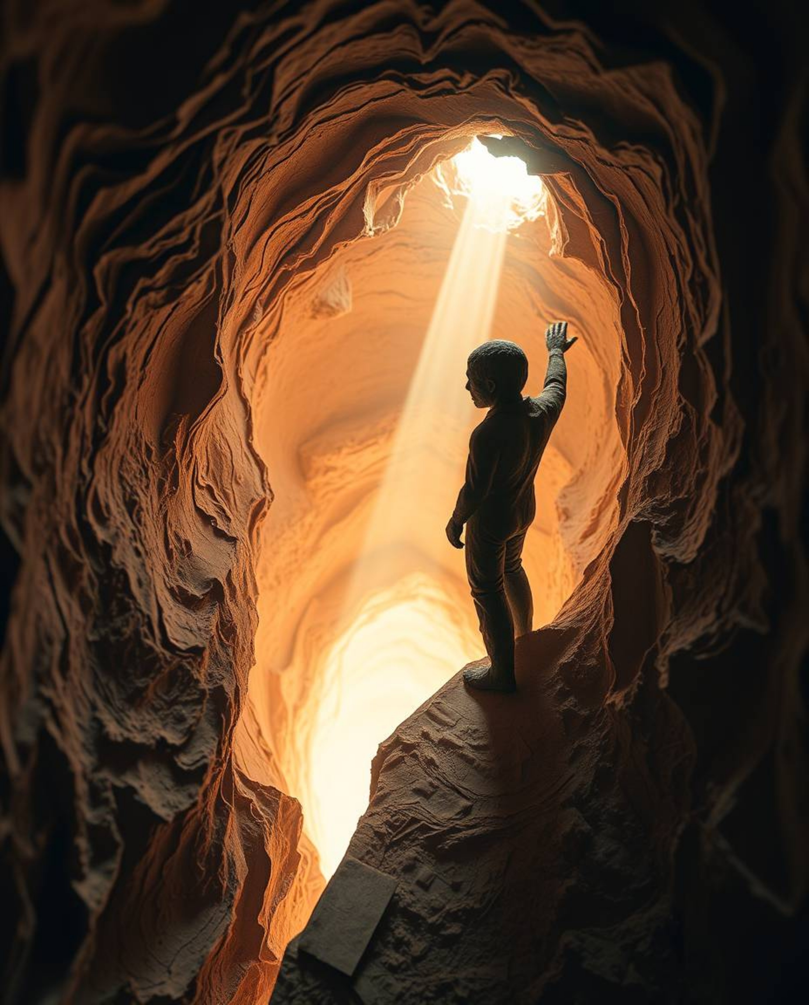 A captivating image showcasing a sculpted figure standing at a tunnel's edge, gazing down at a mesmerizing beam of volumetric