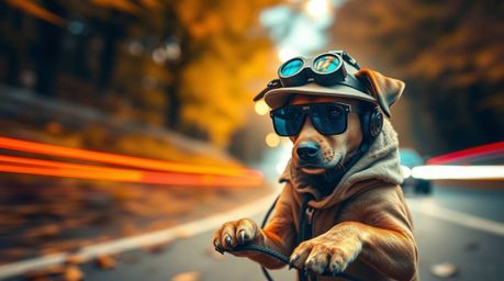 A captivating photograph showcases a canine detective utilizing advanced technology amidst a warm autumn setting.  The image,