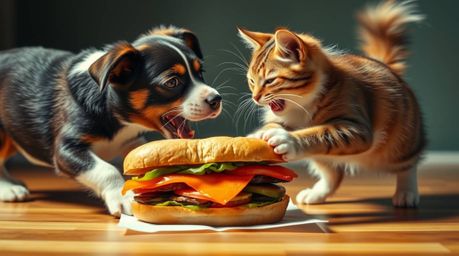 A dynamic photograph captures the chaotic energy of a dog and cat fiercely battling over a massive sandwich.  The image showc