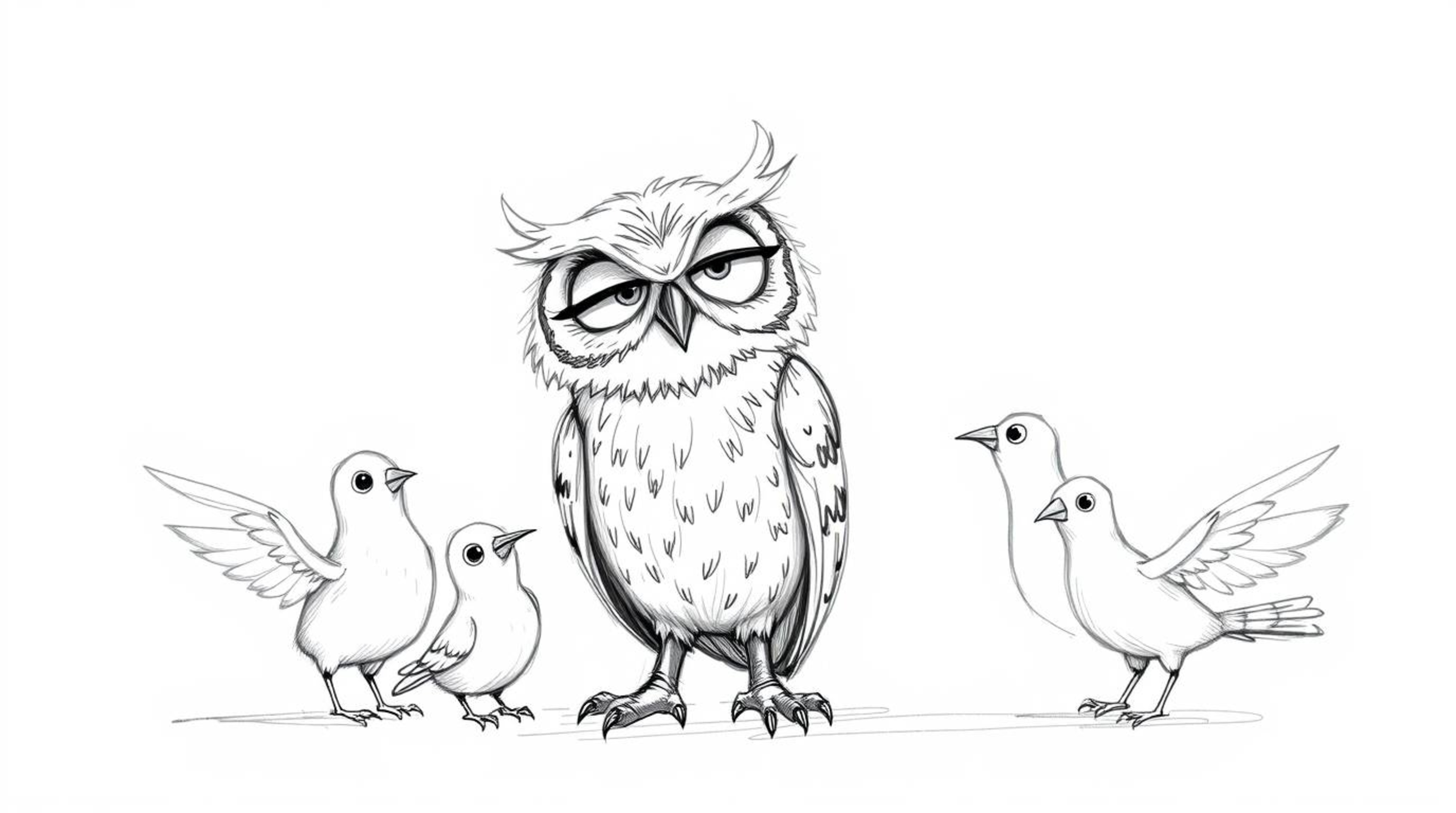 A charming, Pixar-inspired hand-drawn sketch depicts a wise, blind owl with slightly tousled feathers patiently teaching a gr