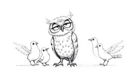 A charming, Pixar-inspired hand-drawn sketch depicts a wise, blind owl with slightly tousled feathers patiently teaching a gr