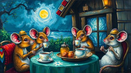 A captivating and bold acrylic painting depicting anthropomorphic mice enjoying tea in a warm and inviting cottage. The artwo